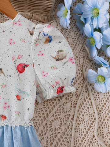 Young Girl's Spring/Summer Bird & Floral Print Round Neck Puff Sleeve Textured Hem Lace Patchwork Cute Dress