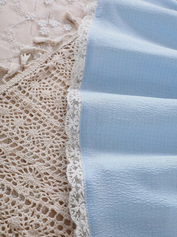 Young Girl's Spring/Summer Bird & Floral Print Round Neck Puff Sleeve Textured Hem Lace Patchwork Cute Dress