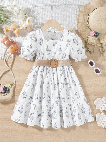 Young Girls' Spring/Summer Comfortable, Casual, Elegant Floral Printed Dress