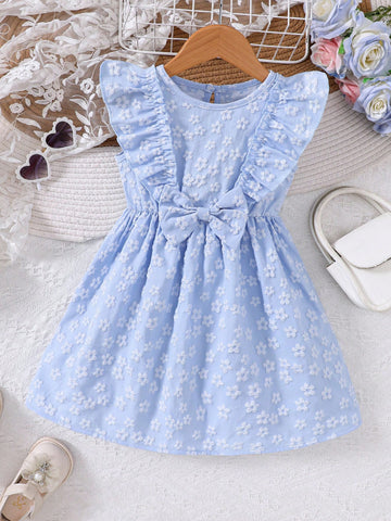 Young Girls Spring/Summer Jacquard Bowknot Decor Little Party Dress