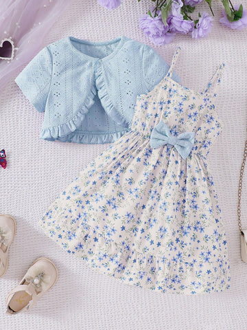 Young Girls Spring/Summer Knitted Hollow Out Cropped Top & Floral Print Sleeveless Dress