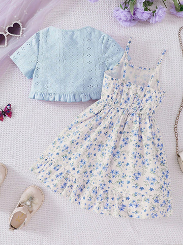 Young Girls Spring/Summer Knitted Hollow Out Cropped Top & Floral Print Sleeveless Dress