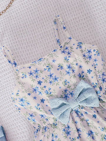 Young Girls Spring/Summer Knitted Hollow Out Cropped Top & Floral Print Sleeveless Dress