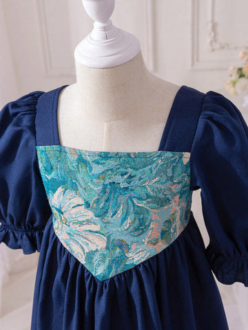 Young Girl's Spring/Summer Ramandan Style Matching Family Vacation , Elegant Floral Jacquard Splice Puff Sleeve Dress