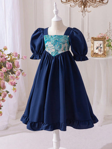 Young Girl's Spring/Summer Ramandan Style Matching Family Vacation , Elegant Floral Jacquard Splice Puff Sleeve Dress