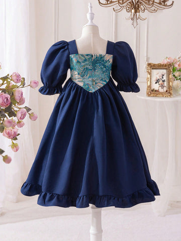 Young Girl's Spring/Summer Ramandan Style Matching Family Vacation , Elegant Floral Jacquard Splice Puff Sleeve Dress