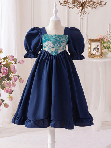 Young Girl's Spring/Summer Ramandan Style Matching Family Vacation , Elegant Floral Jacquard Splice Puff Sleeve Dress