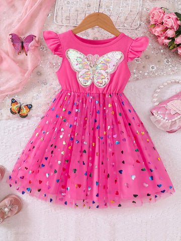 Young Girls Spring/Summer Sequin Butterfly Mesh Tulle Princess Heart Puff Dress, Iridescent
