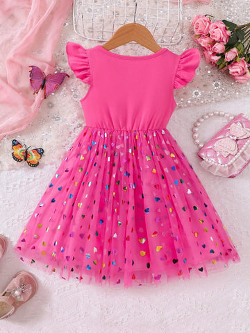 Young Girls Spring/Summer Sequin Butterfly Mesh Tulle Princess Heart Puff Dress, Iridescent
