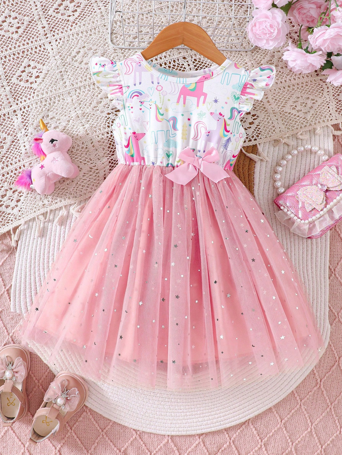 Young Girls' Spring/Summer Small Cap Sleeve Cartoon Pony Print Sequins Mesh Bow Princess Dress, Sweet Fluffy Skirt Pink Dress