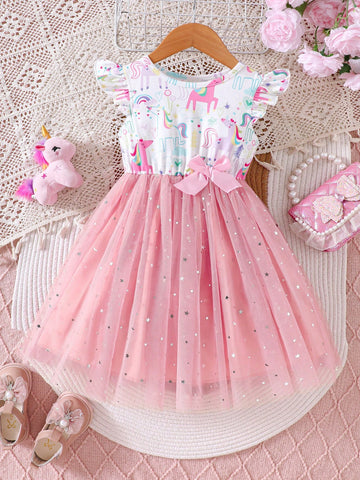 Young Girls' Spring/Summer Small Cap Sleeve Cartoon Pony Print Sequins Mesh Bow Princess Dress, Sweet Fluffy Skirt Pink Dress