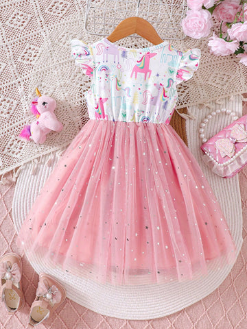 Young Girls' Spring/Summer Small Cap Sleeve Cartoon Pony Print Sequins Mesh Bow Princess Dress, Sweet Fluffy Skirt Pink Dress