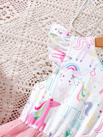 Young Girls' Spring/Summer Small Cap Sleeve Cartoon Pony Print Sequins Mesh Bow Princess Dress, Sweet Fluffy Skirt Pink Dress