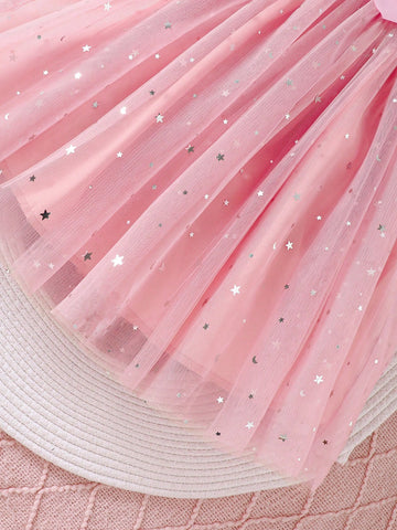 Young Girls' Spring/Summer Small Cap Sleeve Cartoon Pony Print Sequins Mesh Bow Princess Dress, Sweet Fluffy Skirt Pink Dress