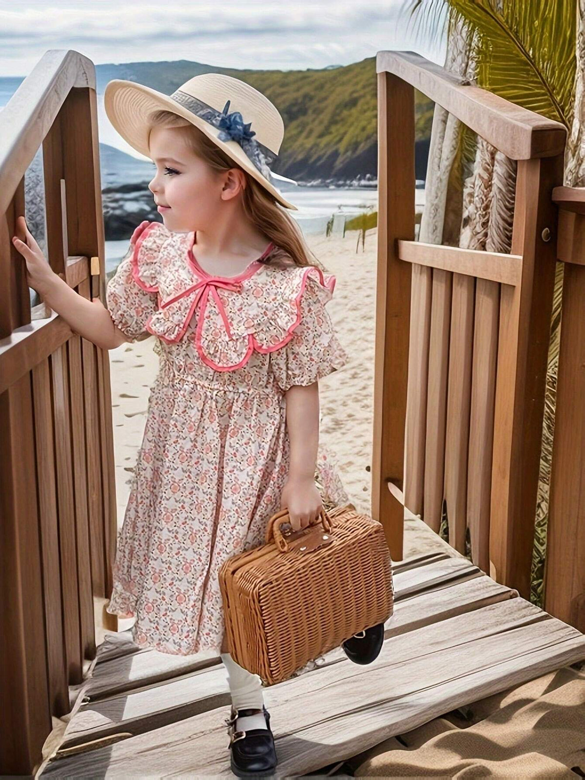 Young Girl's Spring/Summer Thin Floral Short Sleeve Casual Dress