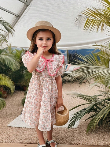 Young Girl's Spring/Summer Thin Floral Short Sleeve Casual Dress