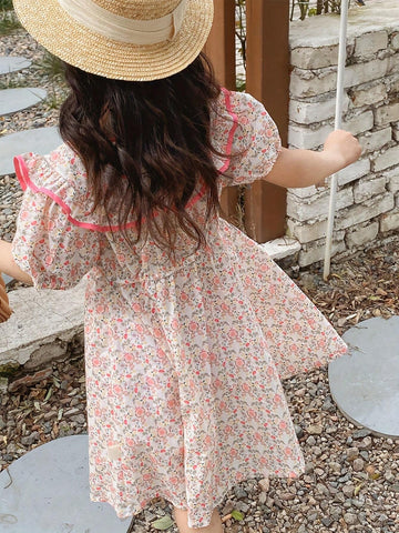 Young Girl's Spring/Summer Thin Floral Short Sleeve Casual Dress