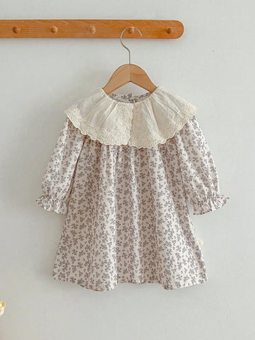 Young Girls' Spring And Autumn Floral Print Triangle Romper Lace Turn-Down Collar Dress