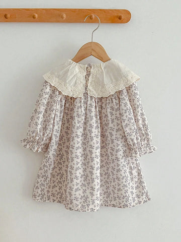 Young Girls' Spring And Autumn Floral Print Triangle Romper Lace Turn-Down Collar Dress