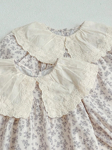 Young Girls' Spring And Autumn Floral Print Triangle Romper Lace Turn-Down Collar Dress