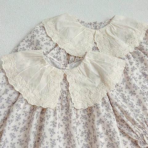 Young Girls' Spring And Autumn Floral Print Triangle Romper Lace Turn-Down Collar Dress