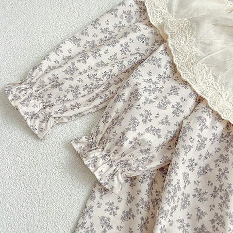 Young Girls' Spring And Autumn Floral Print Triangle Romper Lace Turn-Down Collar Dress