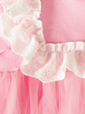 Young Girls' Spring Autumn Stretchy Pink Long Sleeve Dress With Two Layers Of Pink Mesh Fabric On The Chest And Round Neck