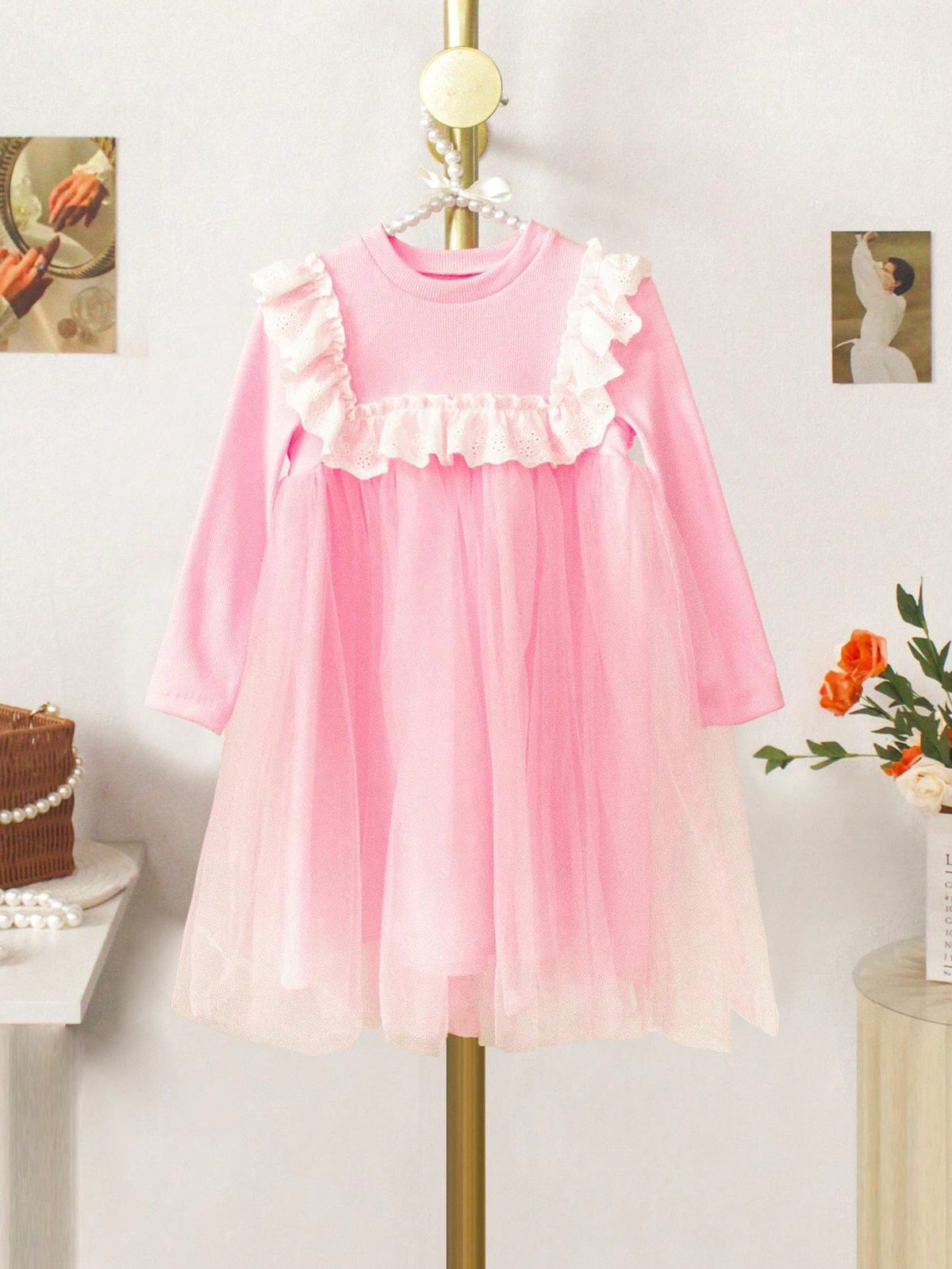 Young Girls' Spring Autumn Stretchy Pink Long Sleeve Dress With Two Layers Of Pink Mesh Fabric On The Chest And Round Neck