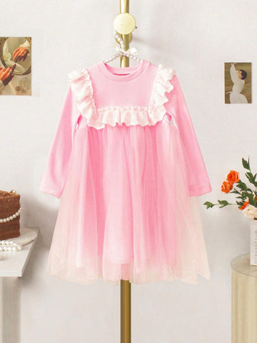 Young Girls' Spring Autumn Stretchy Pink Long Sleeve Dress With Two Layers Of Pink Mesh Fabric On The Chest And Round Neck