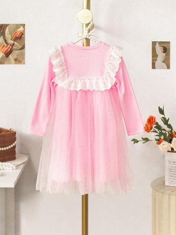 Young Girls' Spring Autumn Stretchy Pink Long Sleeve Dress With Two Layers Of Pink Mesh Fabric On The Chest And Round Neck