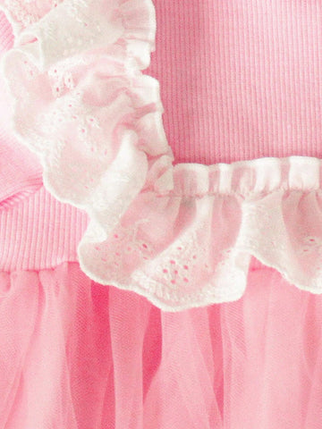 Young Girls' Spring Autumn Stretchy Pink Long Sleeve Dress With Two Layers Of Pink Mesh Fabric On The Chest And Round Neck