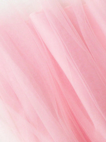 Young Girls' Spring Autumn Stretchy Pink Long Sleeve Dress With Two Layers Of Pink Mesh Fabric On The Chest And Round Neck