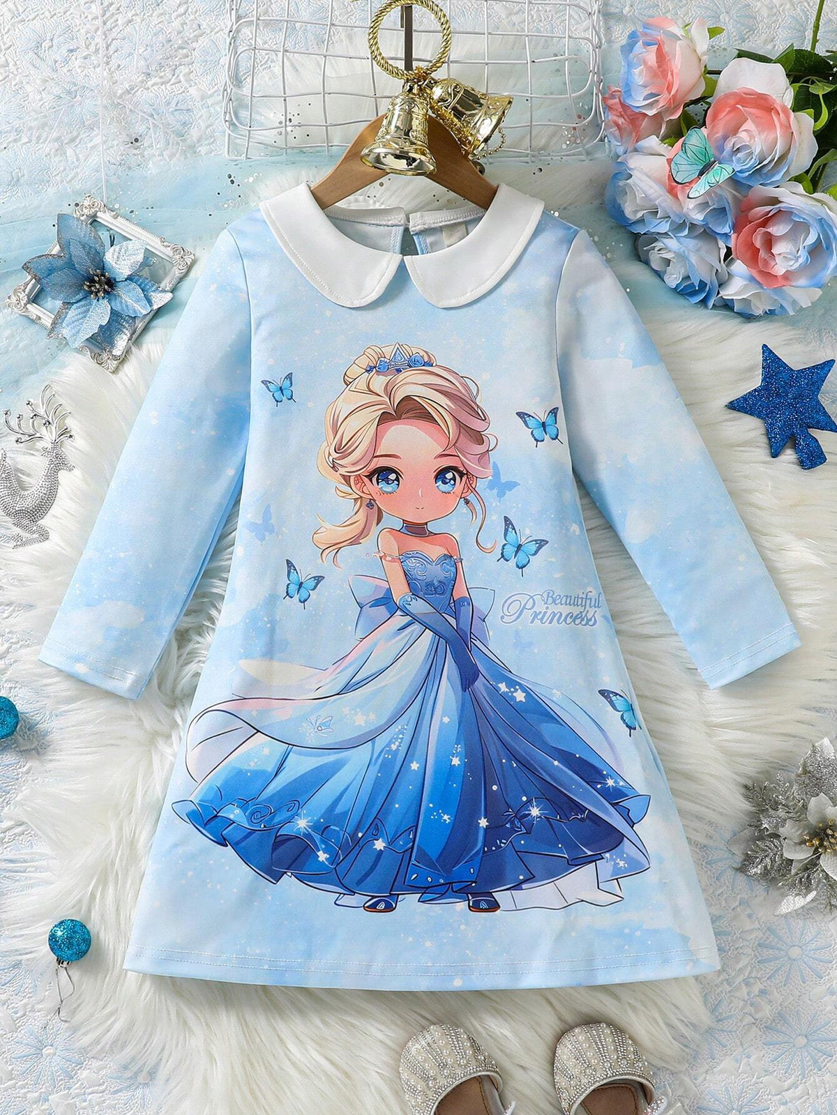 Young Girl's Spring Summer Cartoon Character Bow Tie Decorated Puff Collar Long Sleeve Cute Dress