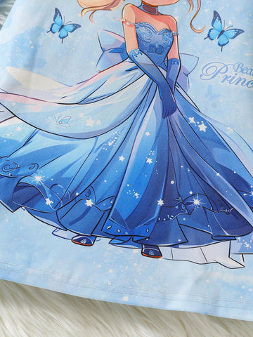 Young Girl's Spring Summer Cartoon Character Bow Tie Decorated Puff Collar Long Sleeve Cute Dress