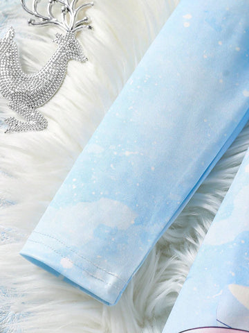 Young Girl's Spring Summer Cartoon Character Bow Tie Decorated Puff Collar Long Sleeve Cute Dress