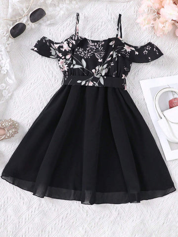 Young Girls' Spring Summer Floral Print Splicing Cold Shoulder Strap Dress