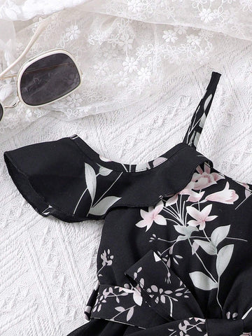 Young Girls' Spring Summer Floral Print Splicing Cold Shoulder Strap Dress