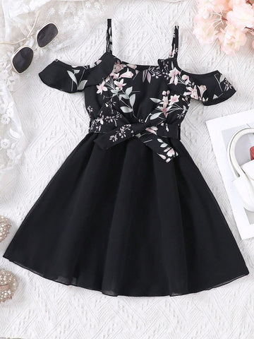 Young Girls' Spring Summer Floral Print Splicing Cold Shoulder Strap Dress