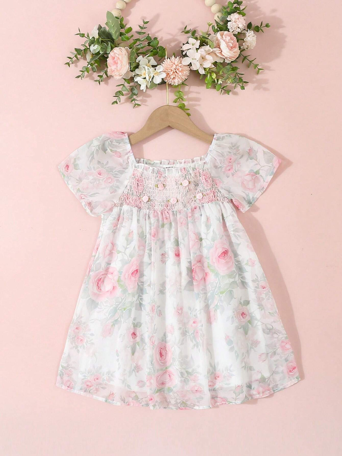 Young Girls' Square Neck Floral Printed Summer A-Line Short Sleeve Dress