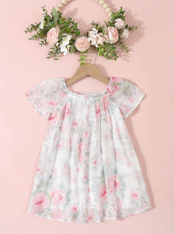 Young Girls' Square Neck Floral Printed Summer A-Line Short Sleeve Dress