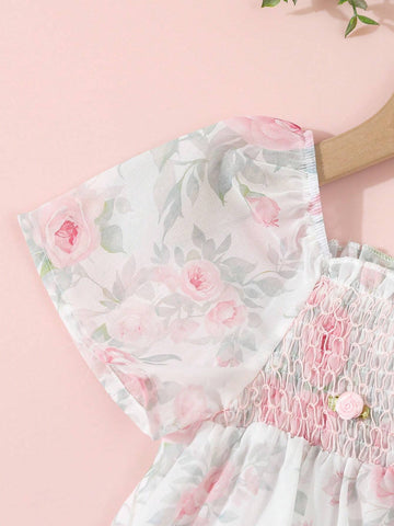 Young Girls' Square Neck Floral Printed Summer A-Line Short Sleeve Dress