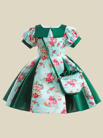 Young Girls Square Neck Short Sleeve Floral Satin Flower Girl Wedding Princess Dress, Suitable For Formal Occasions, Evening Party, Birthday, Fabric Print Pattern Random