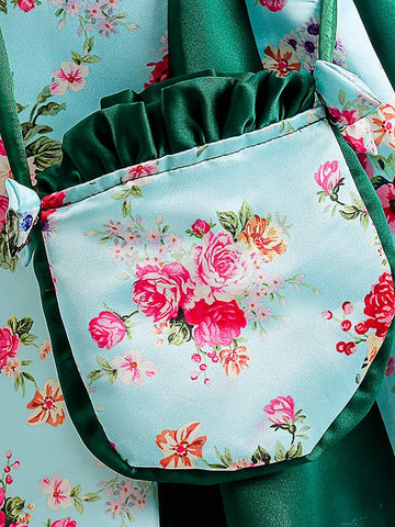 Young Girls Square Neck Short Sleeve Floral Satin Flower Girl Wedding Princess Dress, Suitable For Formal Occasions, Evening Party, Birthday, Fabric Print Pattern Random