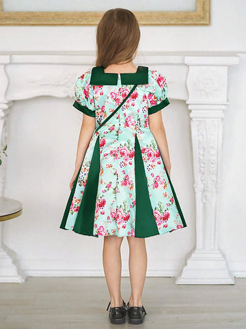 Young Girls Square Neck Short Sleeve Floral Satin Flower Girl Wedding Princess Dress, Suitable For Formal Occasions, Evening Party, Birthday, Fabric Print Pattern Random