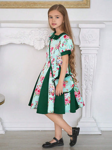 Young Girls Square Neck Short Sleeve Floral Satin Flower Girl Wedding Princess Dress, Suitable For Formal Occasions, Evening Party, Birthday, Fabric Print Pattern Random