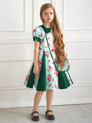 Young Girls Square Neck Short Sleeve Floral Satin Flower Girl Wedding Princess Dress, Suitable For Formal Occasions, Evening Party, Birthday, Fabric Print Pattern Random