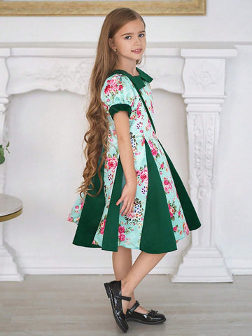 Young Girls Square Neck Short Sleeve Floral Satin Flower Girl Wedding Princess Dress, Suitable For Formal Occasions, Evening Party, Birthday, Fabric Print Pattern Random