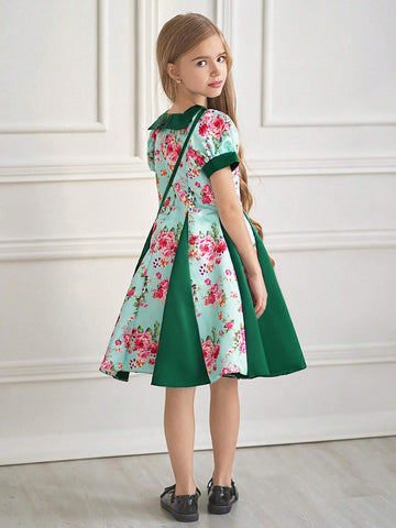 Young Girls Square Neck Short Sleeve Floral Satin Flower Girl Wedding Princess Dress, Suitable For Formal Occasions, Evening Party, Birthday, Fabric Print Pattern Random