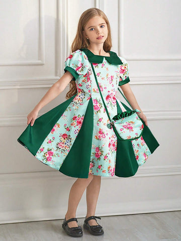 Young Girls Square Neck Short Sleeve Floral Satin Flower Girl Wedding Princess Dress, Suitable For Formal Occasions, Evening Party, Birthday, Fabric Print Pattern Random