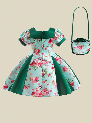 Young Girls Square Neck Short Sleeve Floral Satin Flower Girl Wedding Princess Dress, Suitable For Formal Occasions, Evening Party, Birthday, Fabric Print Pattern Random